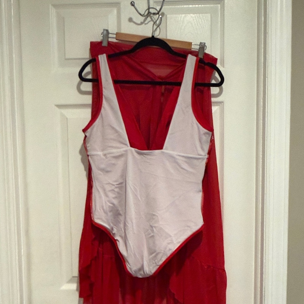 Red Floral Accent Plunge One-Piece Swimsuit & Matching Maxi Skirt Set - Picture 15 of 15